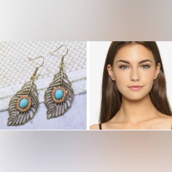 Feather Turquoise Stone Silver Drop Earrings - Picture 3 of 14